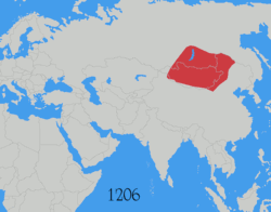 Mapa pokazująca rozwój Imperium Mongolskiego na przestrzeni dziejów.